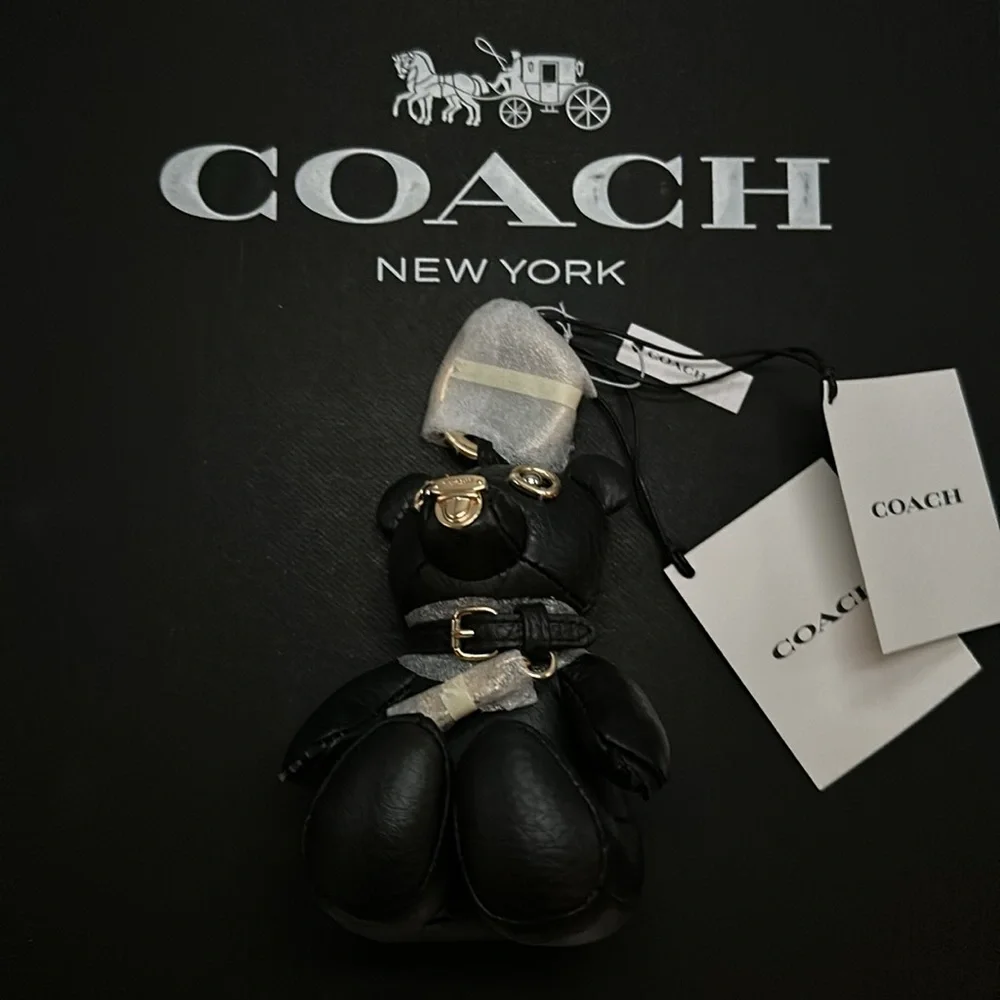 NWT Coach Bear Bag Charm Black Leather Purse Keychain FOB Canvas Signature - Picture 4 of 6